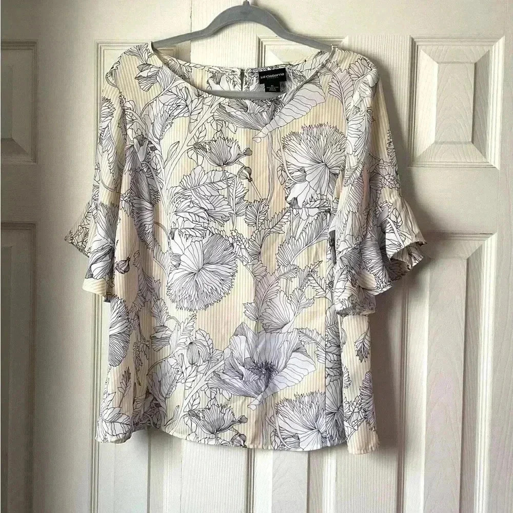 LIZ CLAIBORNE FLORAL PATTERN WITH BELL SLEEVES BLOUSE TOP SIZE XL
